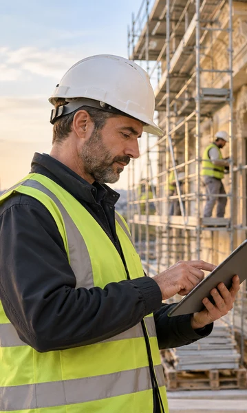 Profissional técnico em obra com tablet